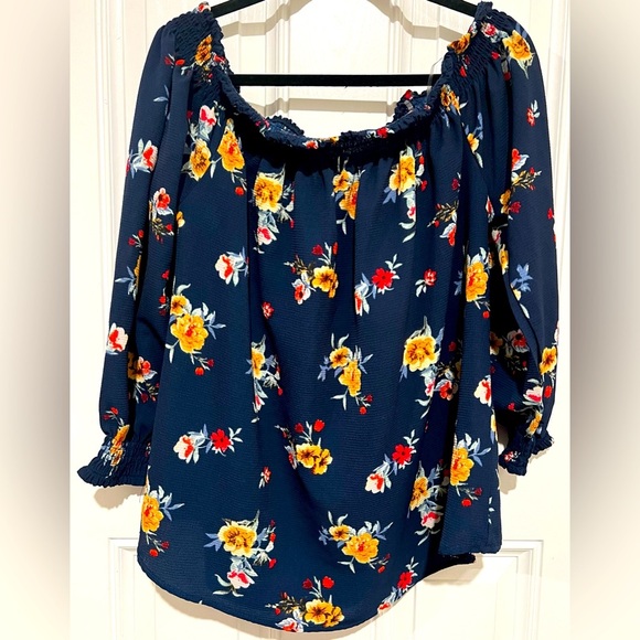 Rue21 Tops - Rue+ Navy Blue w/ Yellow & Red Floral Design Off Shoulder Flowy Blouse Size 2X